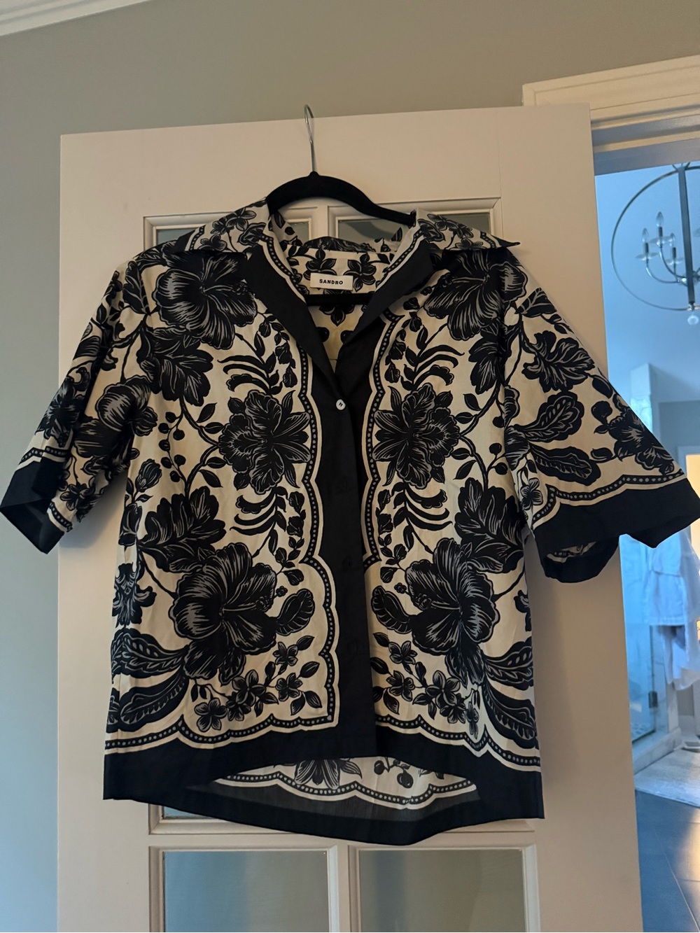 Sandro Black and Cream Floral Short-Sleeve Button Shirt